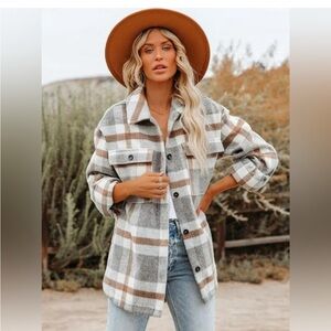 Vici Fore Oversized Flannel Shirt Jacket, Gray white tan XS